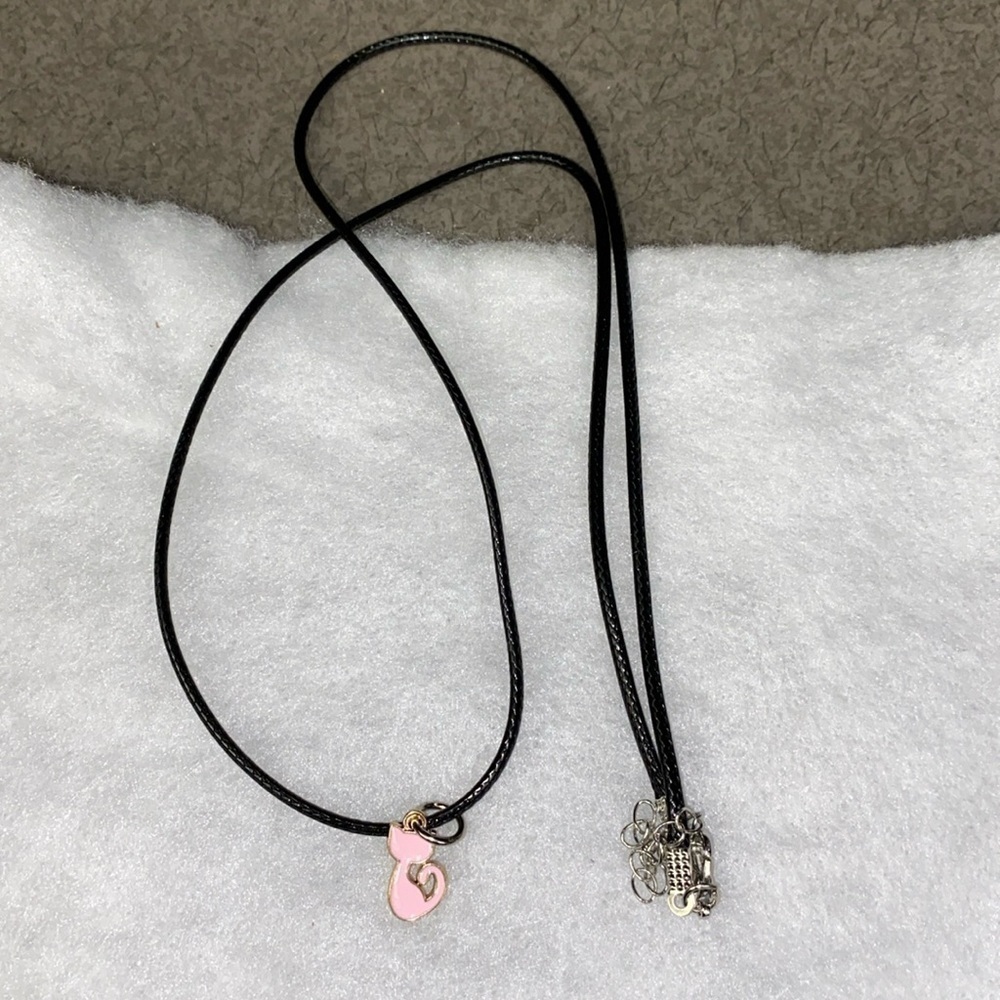 Small Pink Cat Silhouette Pendant Black Necklace /  Bracelet (Adjustable)
